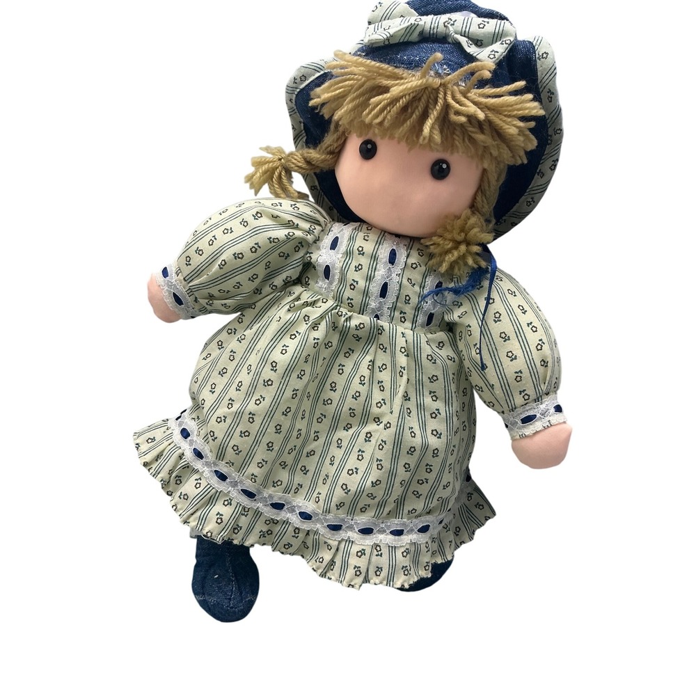 Vintage Handmade Rag Doll‎ Denim Bonnet Calico Dress Country Farmhouse Decor